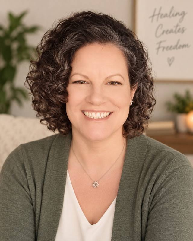 Julienne Blackburn, trauma informed life coach, smiling in a green cardigan